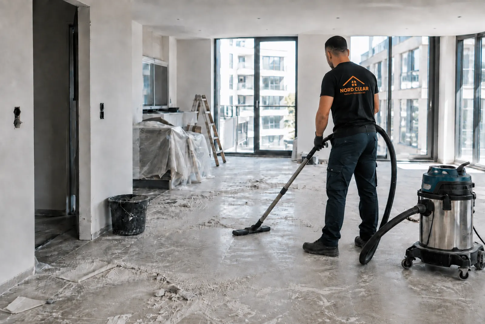 Bau- und Endreinigung in Hannover – NORD CLEAR Mitarbeiter saugt Baustaub in Neubauwohnung