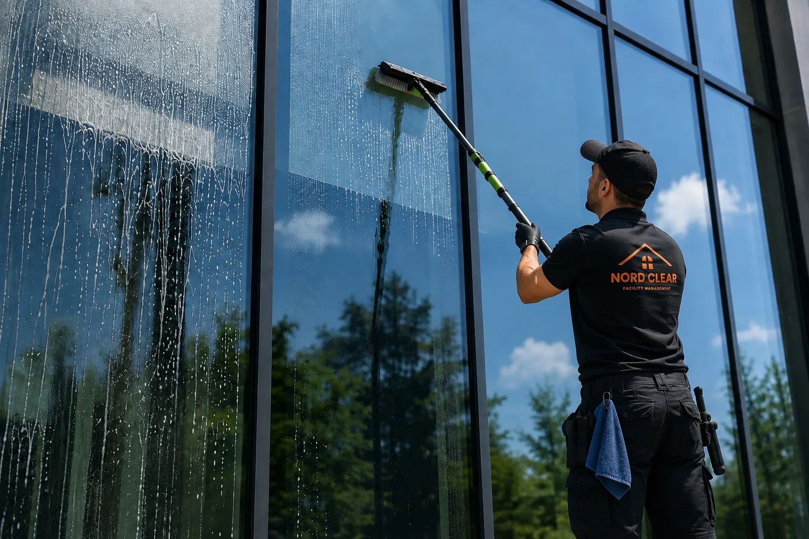Glas- und Fensterreinigung in Hannover – NORD CLEAR Mitarbeiter reinigt Glasfassade mit Teleskopstange